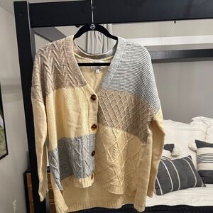 Absolutely Patchwork Knit Cardigan in Cream, Gray, and Tan